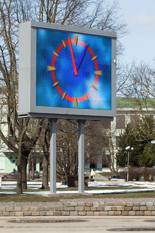 Outdoor LED screen in Jelgava, Latvia, photographed by Igors Jefimovs; reference image, exact pixel pitch unspecified